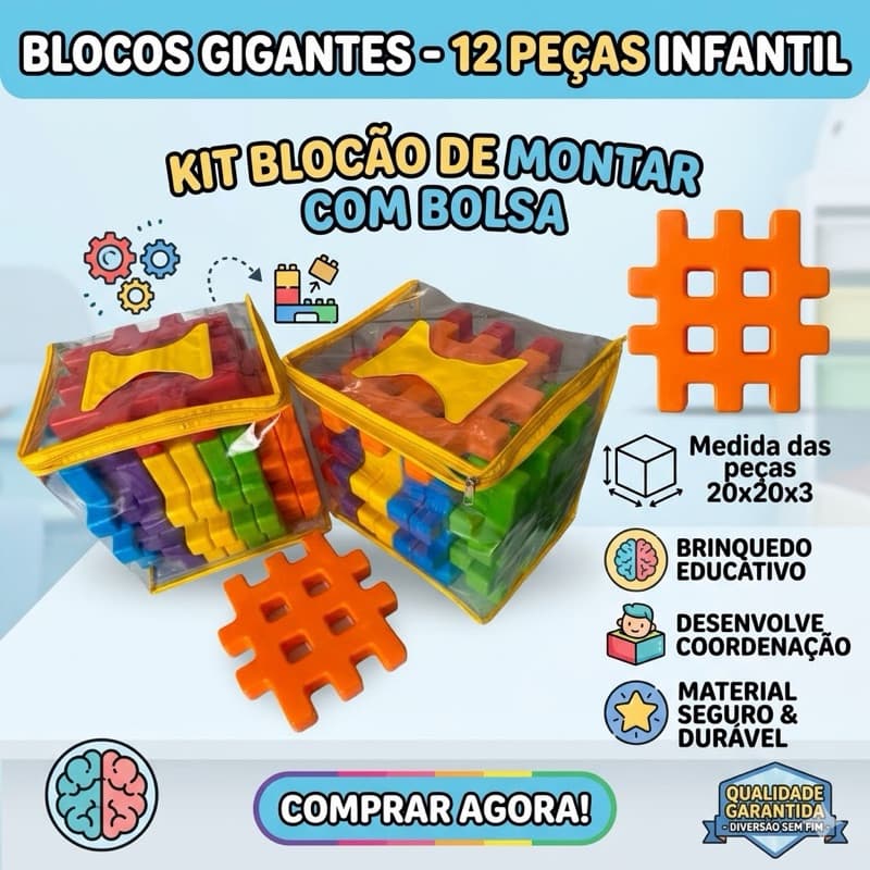 Blocão Gigante de Montar 20x20cm Brinquedo Educativo Pedagógico Tipo Grid - 12 Peças + Bolsa