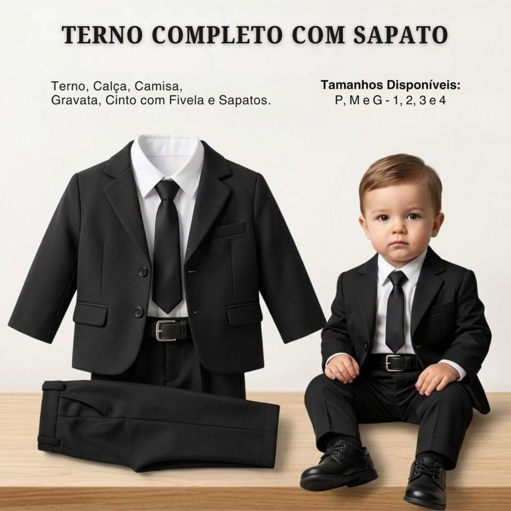 Terno/Blazer Infantil, Camisa, Gravata, Calça Social, Cinto e Sapato Social Conjunto Completo