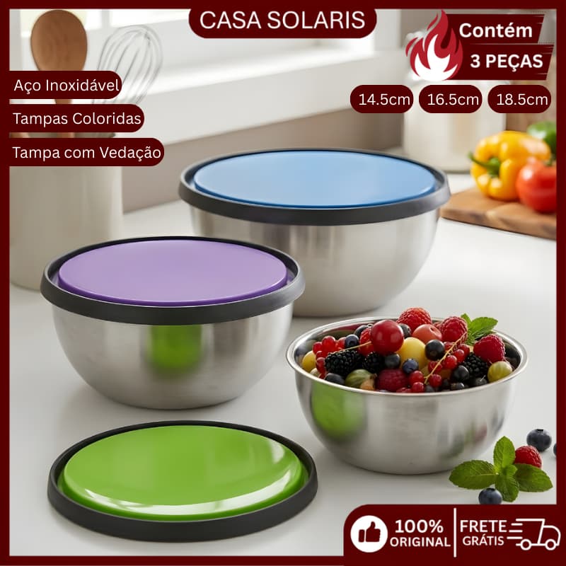 Kit 3 Potes Tigelas Em Inox Alumínio Com Tampa Redondo Para Manter Os Alimentos Frescos E Quentes