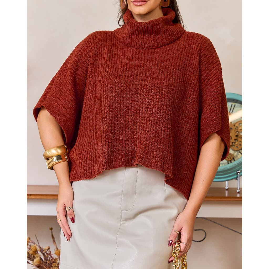 Blusa Feminina Tricot Mousse Gola Alta Manga 3/4 Inverno 2026 Luxo Moda Blogueira Veste Do 36 Ao 44