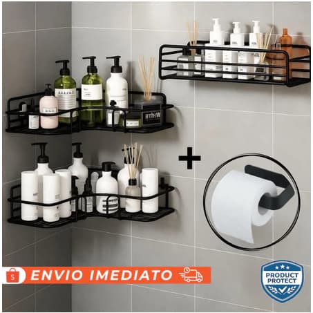 Conjunto Prateleiras para Banheiro com Suporte Organizador Autoadesivo - Porta Shampoo, Sabonete, Papel