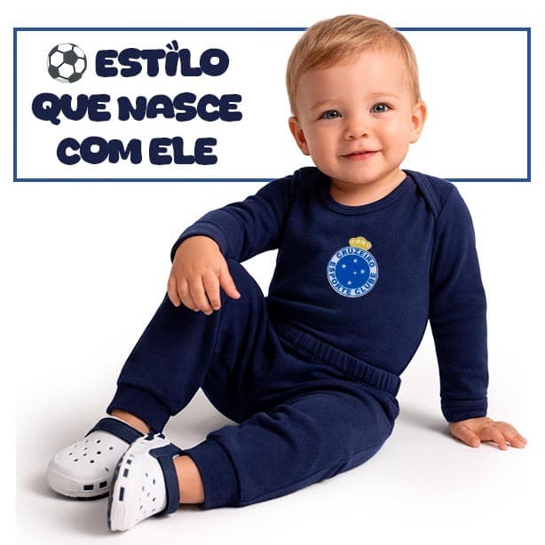 Conjunto Body Térmico Cruzeiro Peluciado Brasão de Time Infantil Bebê Tamanho P ao 3 Anos