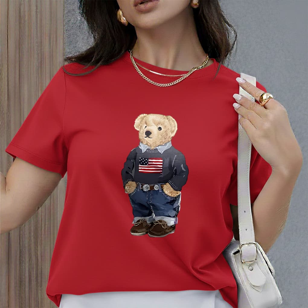 Camiseta Feminina Estampada Modelo: Ursinho Roupa USA - Camisa Algodão Premium Moda Verão Especial