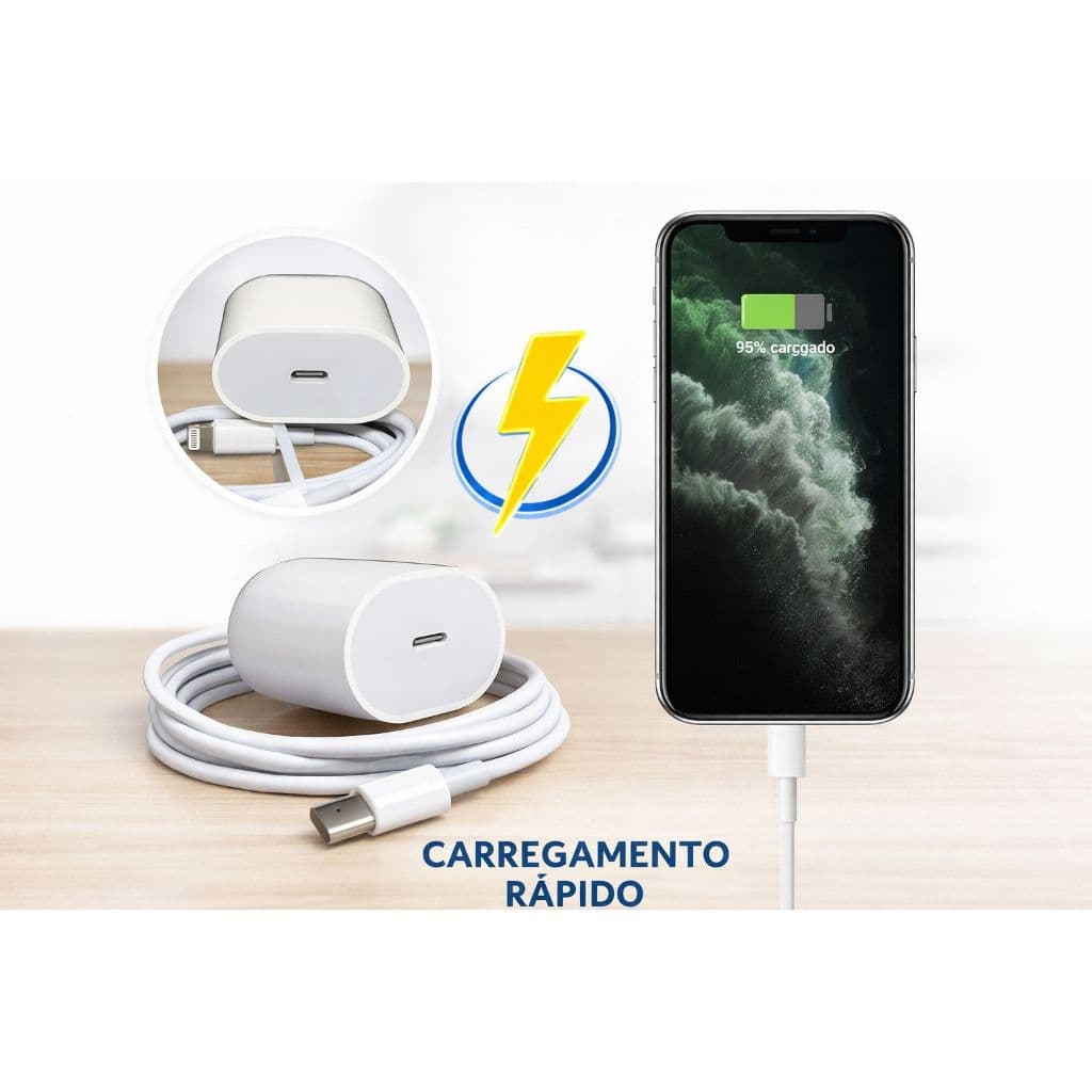 Carregador Turbo 20W + Cabo Tipo C para Lightning – Carregamento Rápido Para Iphone Até 14 Pro Max ou Ipad's