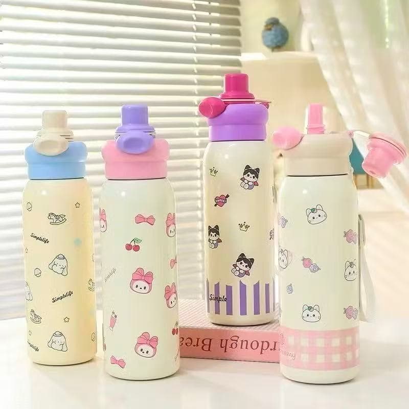 Garrafa Térmica Estudante Grande Capacidade Portátil Copo com Canudo Duplo, 600ml Aço Inoxidável 801
