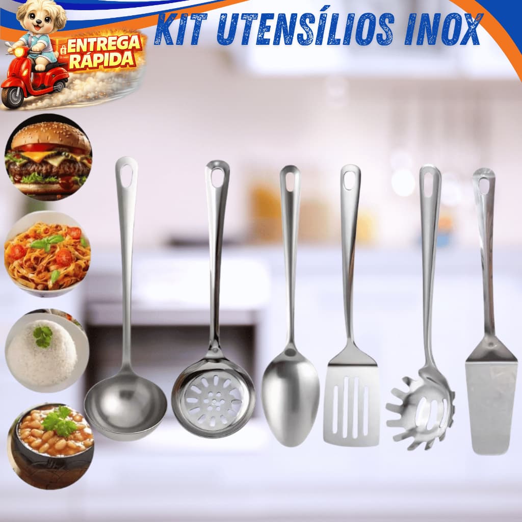 Kit Utensílios Cozinha Inox 6 Peças Concha Escumadeira Colher Arroz Espátula Pegador Massa Premium .