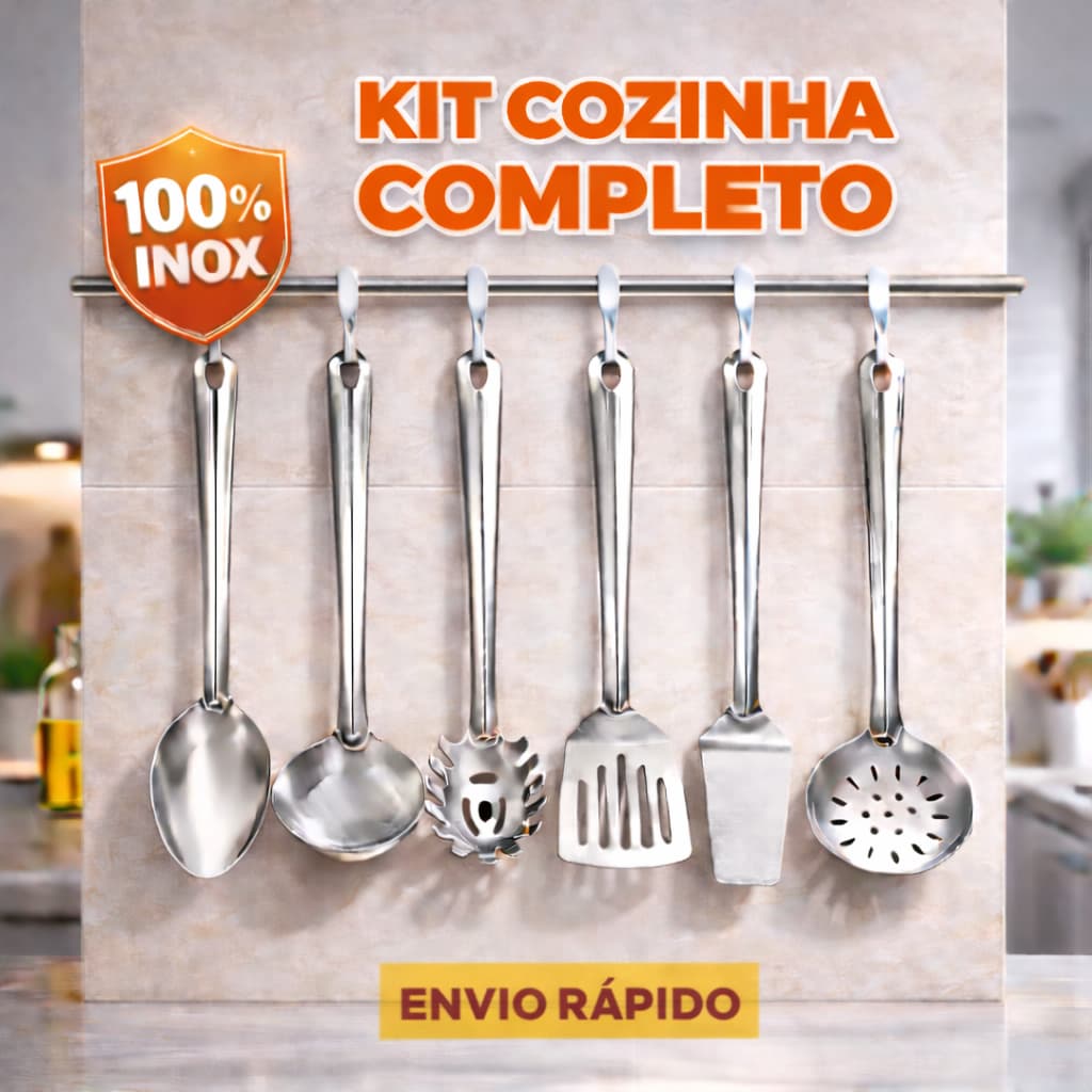 Kit Utensílios de Cozinha Inox Conjunto Colher Arroz Concha Pegador Macarrão Espátula Escumadeira