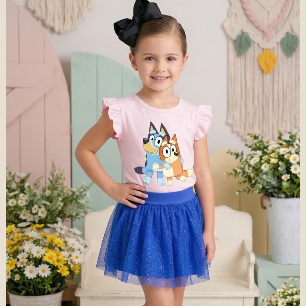 Conjunto Infantil Menina Rosa + Short Saia Azul Blueey Cartoon Roupa Infantil Feminina Conjunto Verão Menina Look Fofo