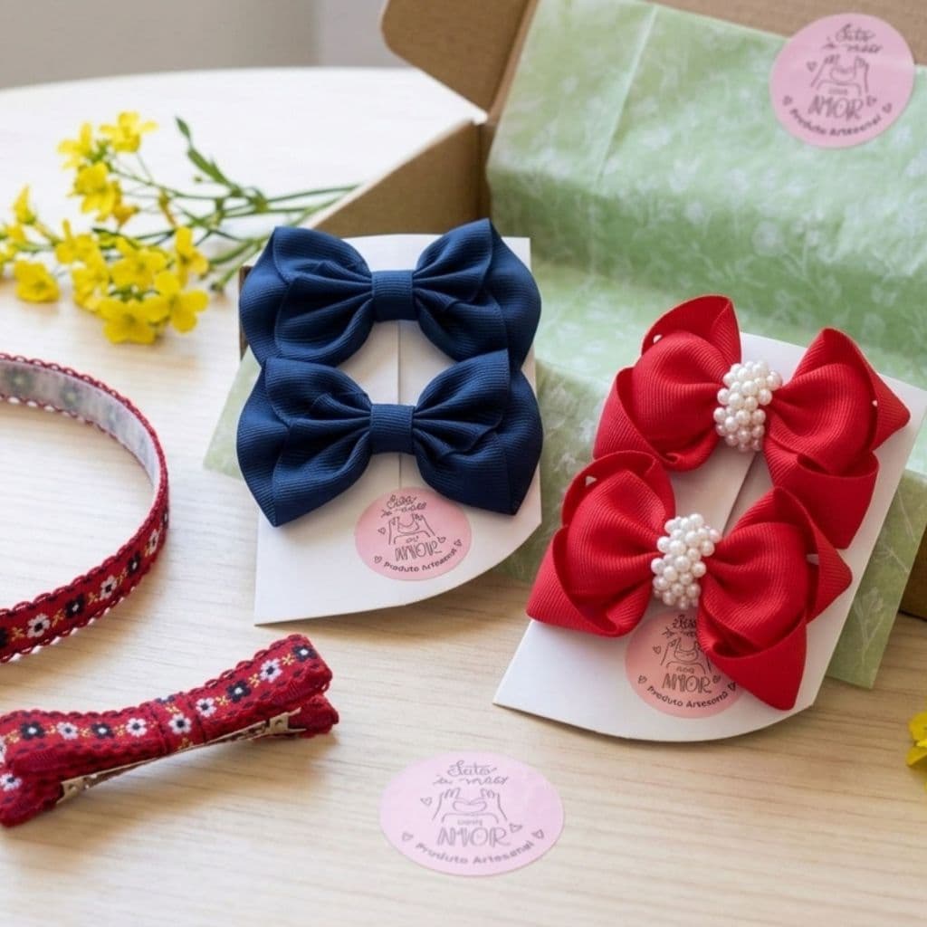 Kit Laços De Cabelo Infantil 2 Pares + 2 Peças Menina Luxo Vermelho Azul Tiara Arquinho Presilha
