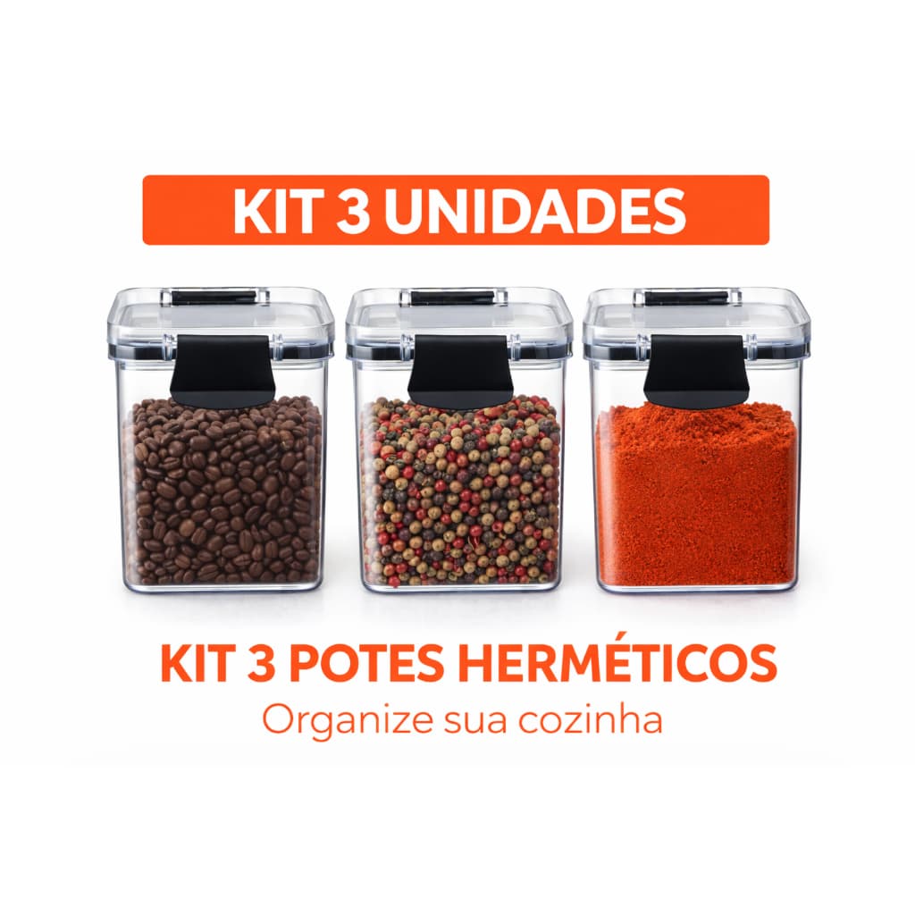 Kit 3 Potes Herméticos com Trava | Pote Transparente para Temperos, Café e Grãos | Organizador de Cozinha