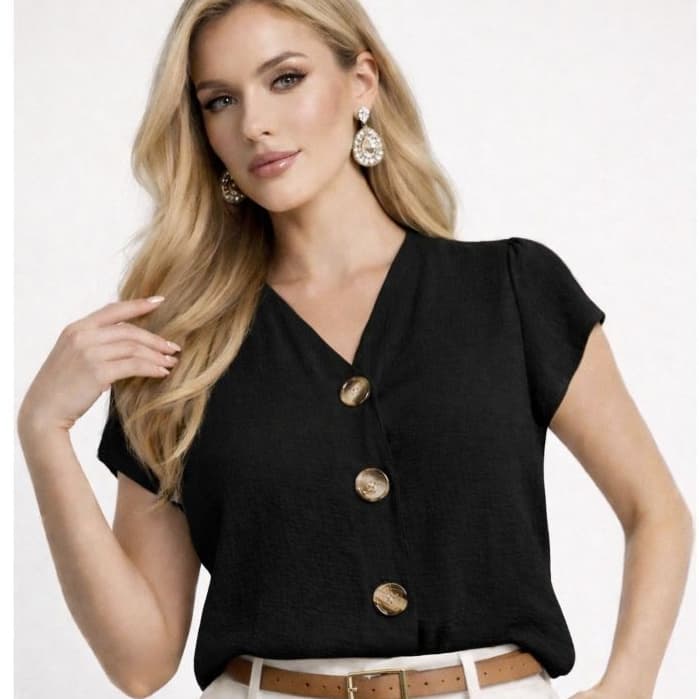 Blusa Feminina Manga Curta Duna Preto Botões Frontais Gola V Estilo Europeu