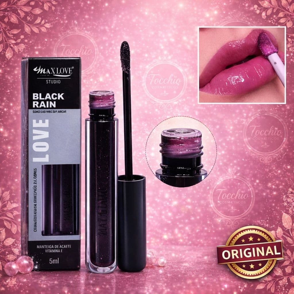 Gloss Black Rain MAX LOVE - Gloss Preto Balm Labial Batom Muda De Cor Com PH - Efeito Lip Tint