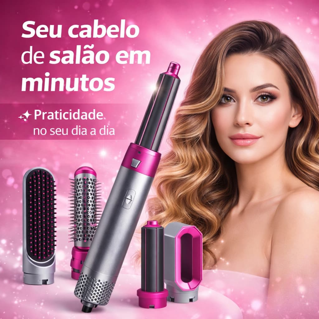 Escova Secadora 5 em 1 Multifuncional 110V Modeladora Alisadora Secador de Cabelo Pink Prata