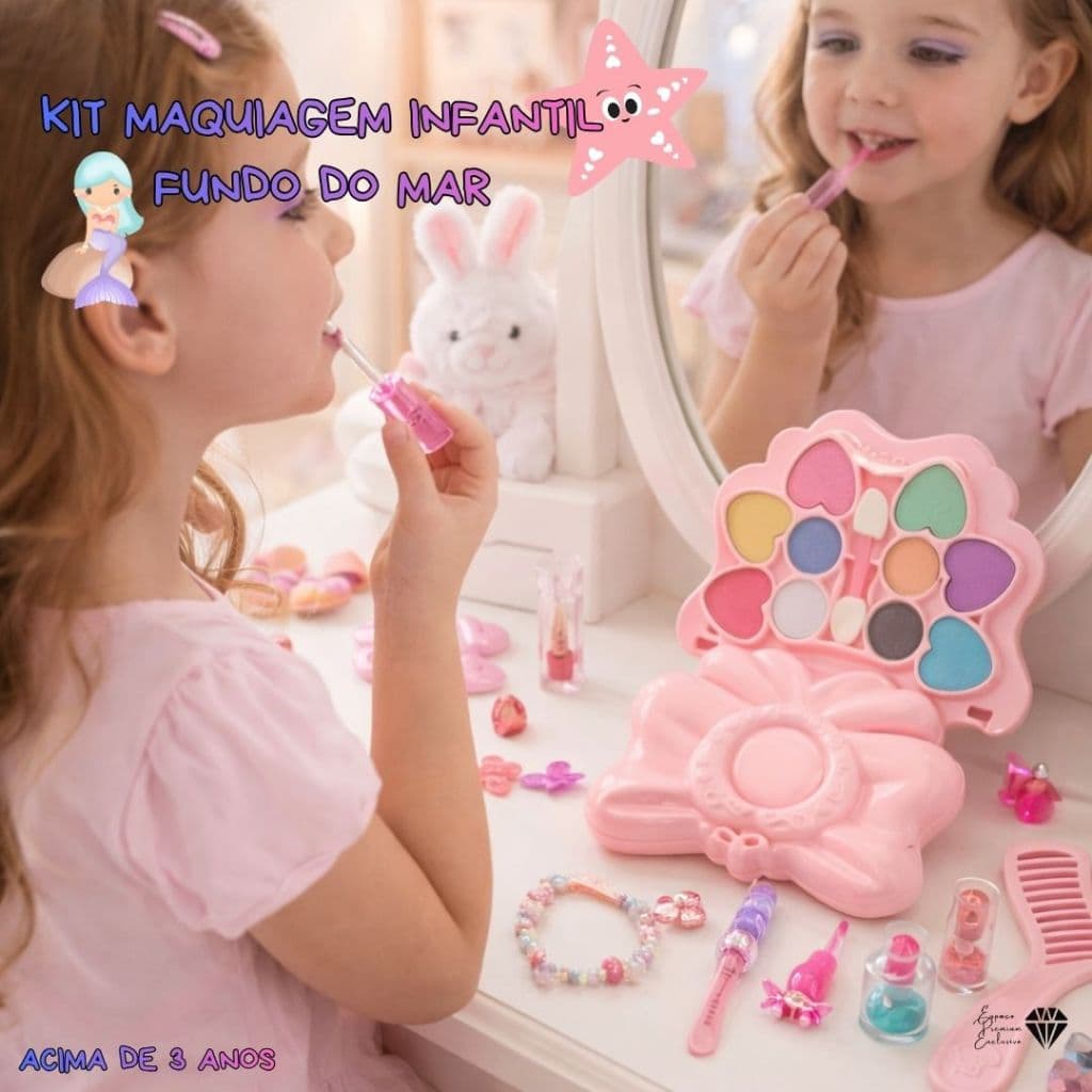 KIT MAQUIAGEM INFANTIL FUNDO DO MAR MALETINHA DE BELEZA INFANTIL MAQUIAGEM MENINA BATOM ACESSÓRIOS ACIMA DE 3 ANOS