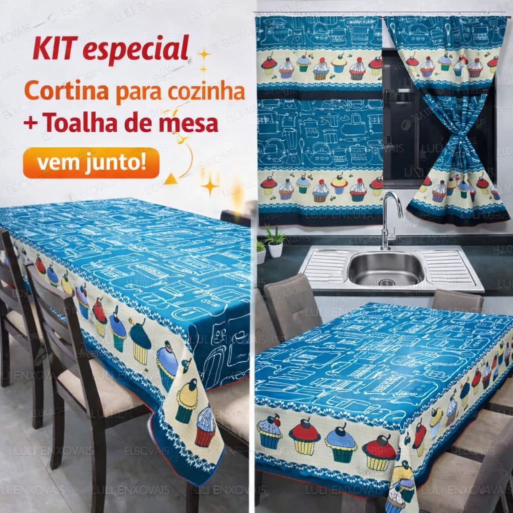 Kit Cortina cozinha Vitro + toalha de mesa Oxford Elegante Resistente