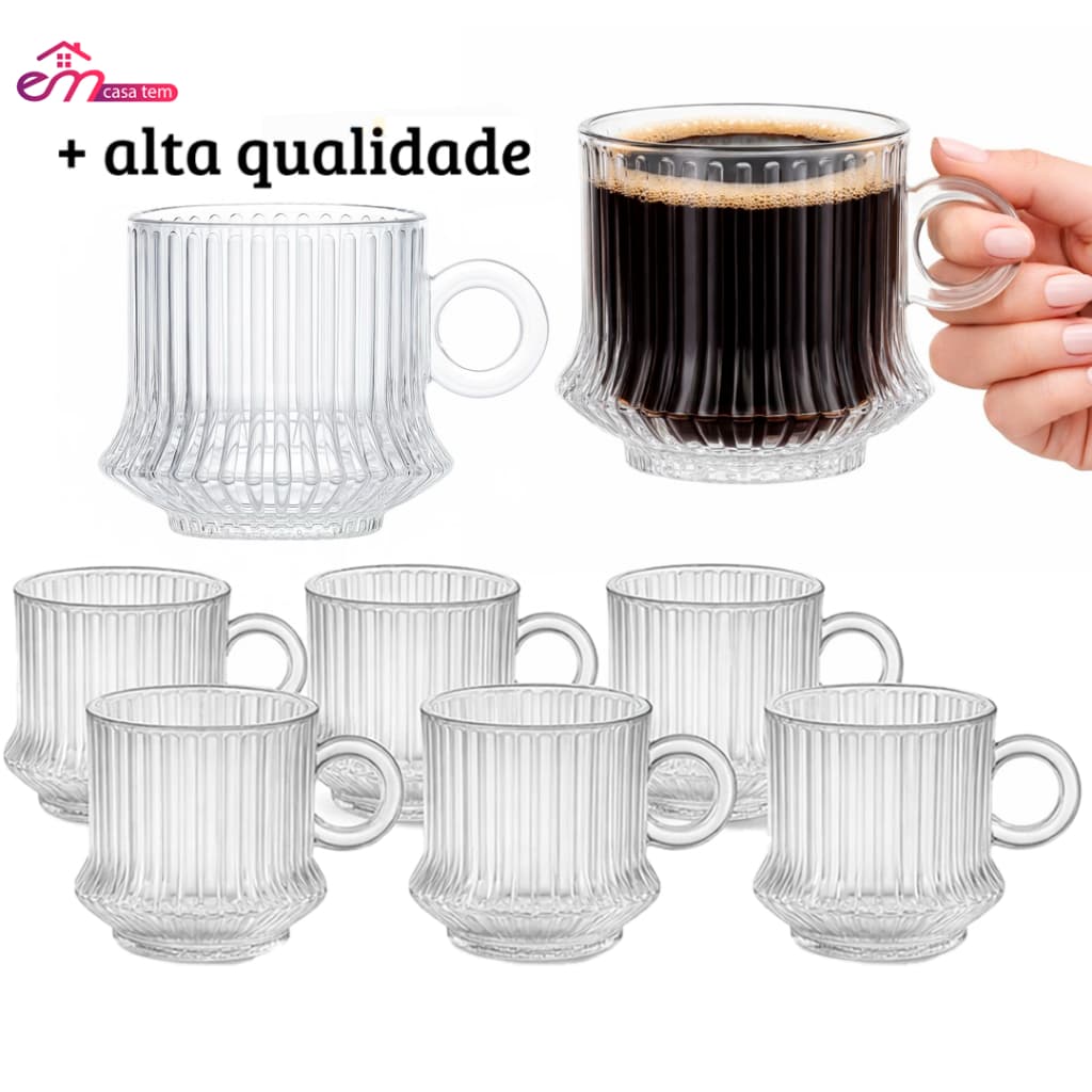 Jogo Xicaras Robusta Lines Canelada Cristal Transparente Vidro 85ml Chá Cafe e Leite Elegante