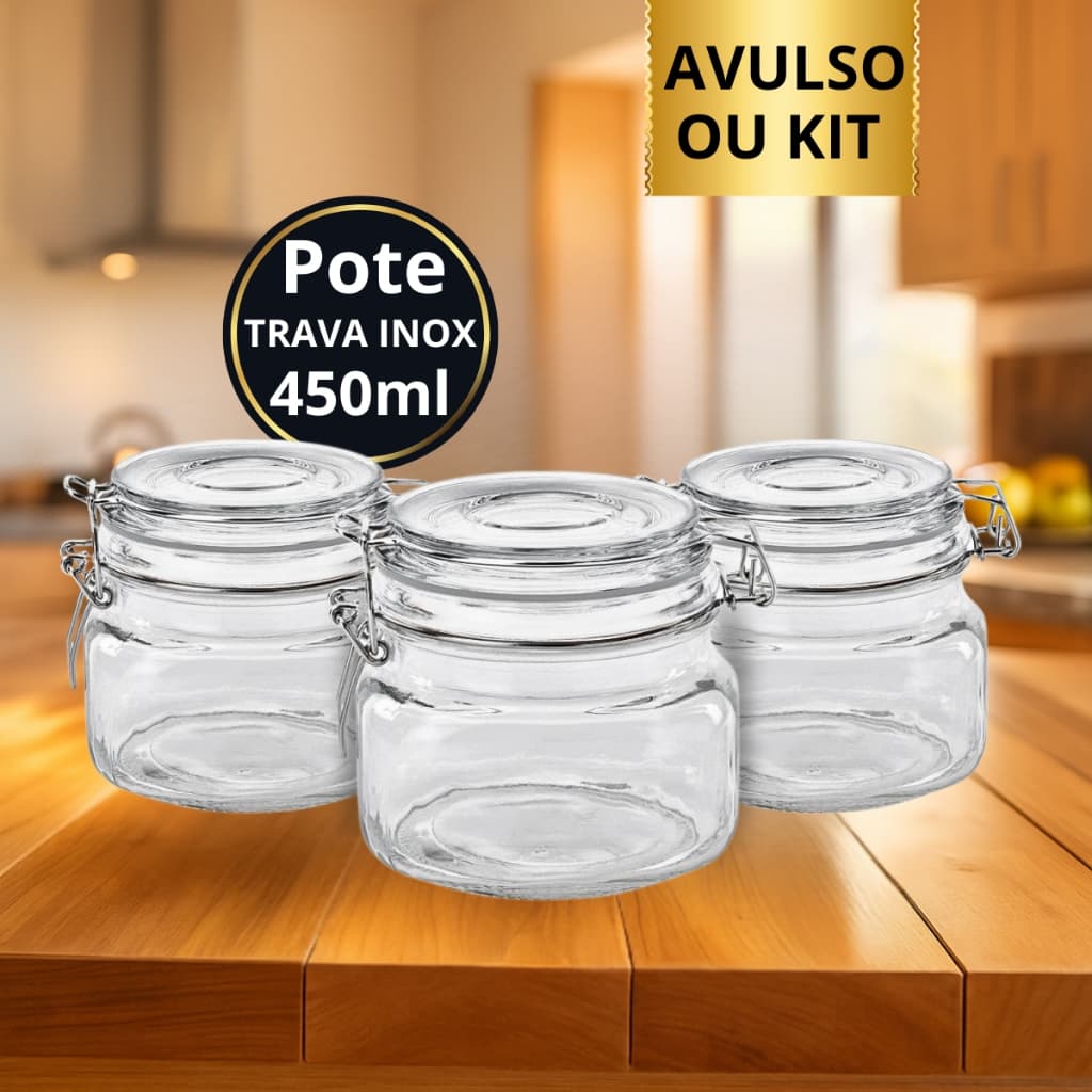 Pote de Vidro 450ML Hermético com Trava de Inox Ideal Para Conserva Kit ou Avulso