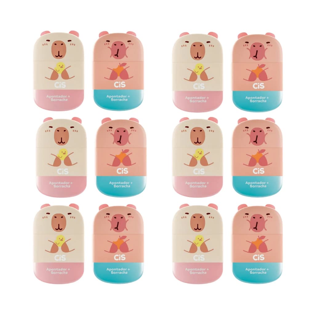 Apontador com Depósito e Borracha Capivara Fofo 2 em 1 Escolar Prático Capy Bara  papelaria kawaii