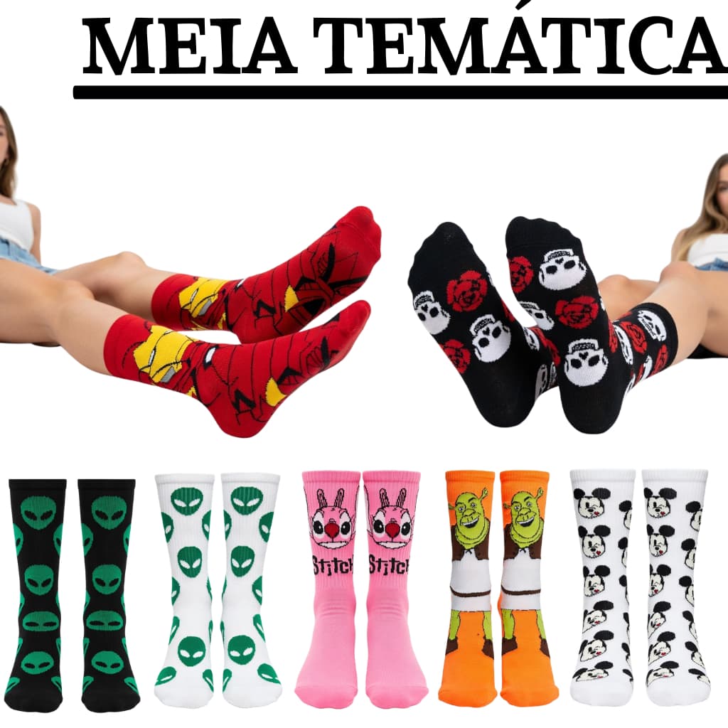 Meia Divertida de Personagem Cano Alto Unissex Estampas Exclusivas Algodão Confortável Envio Imediato