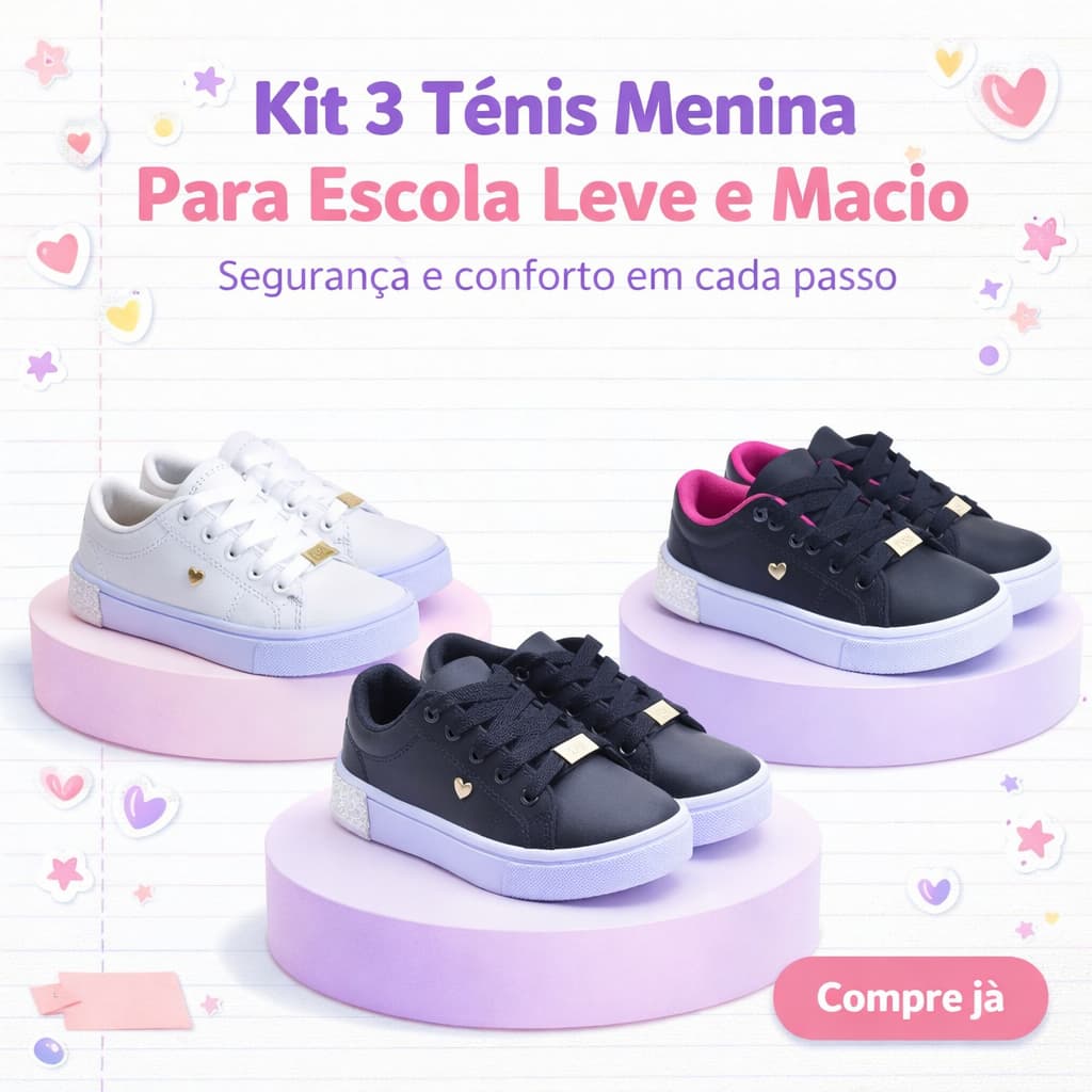 Combo 3 Tênis Infantil Menina Confortável Passeios e Uso Diário 25 ao 33 Pronta Entrega