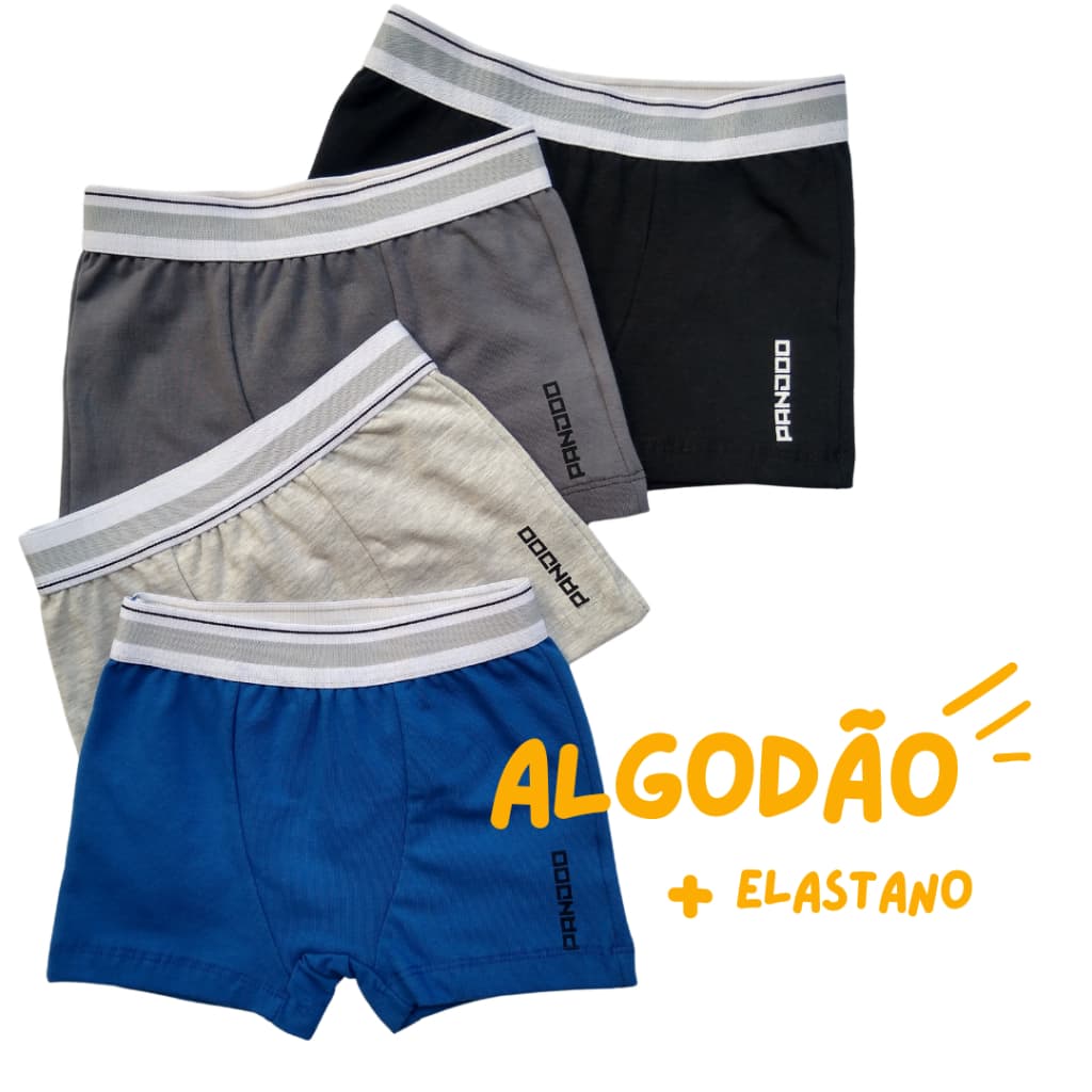 Kit 4 Cuecas Boxer Infantil Masculina, 100% Algodão, Elástico, Cores Sortidas, TAM P/M/G (2-14 Anos), com Forro Interno