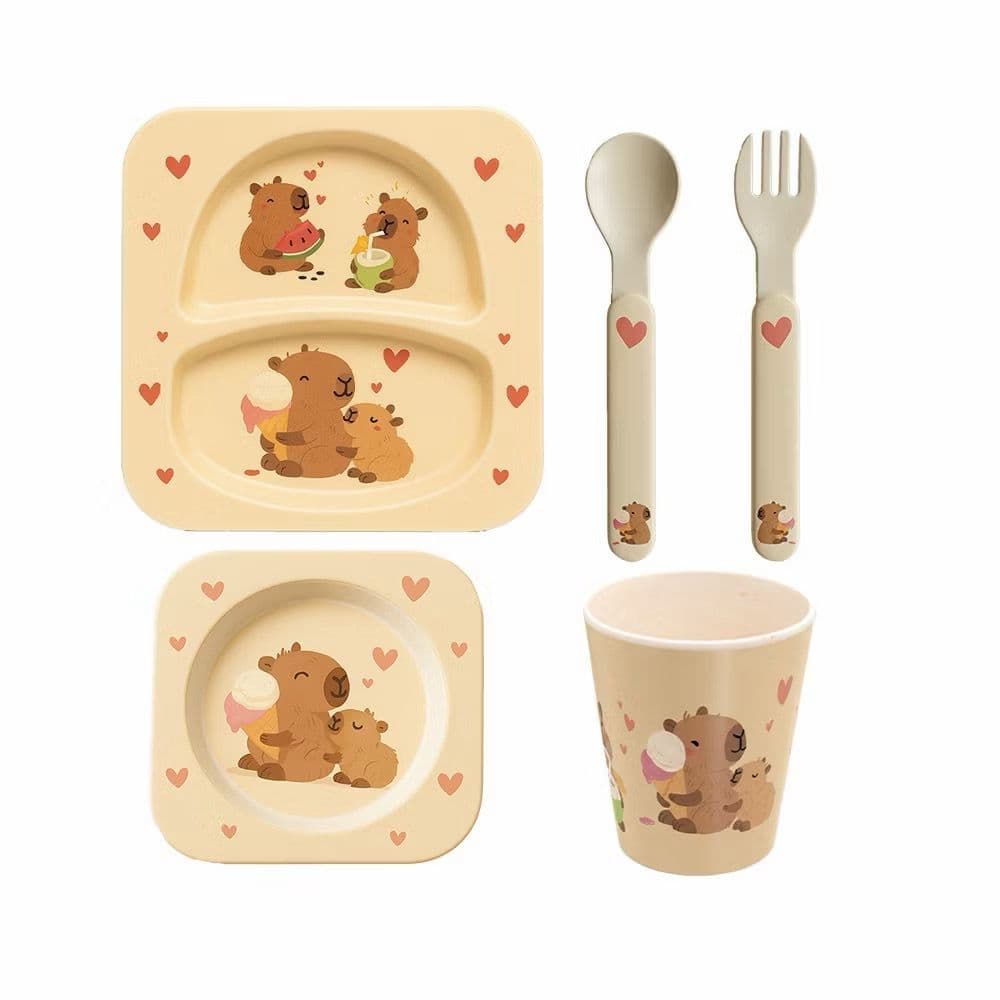Kit 5 Peças Alimentação Infantil Em Fibra De Bambu Prato Garfo Colher e Copo