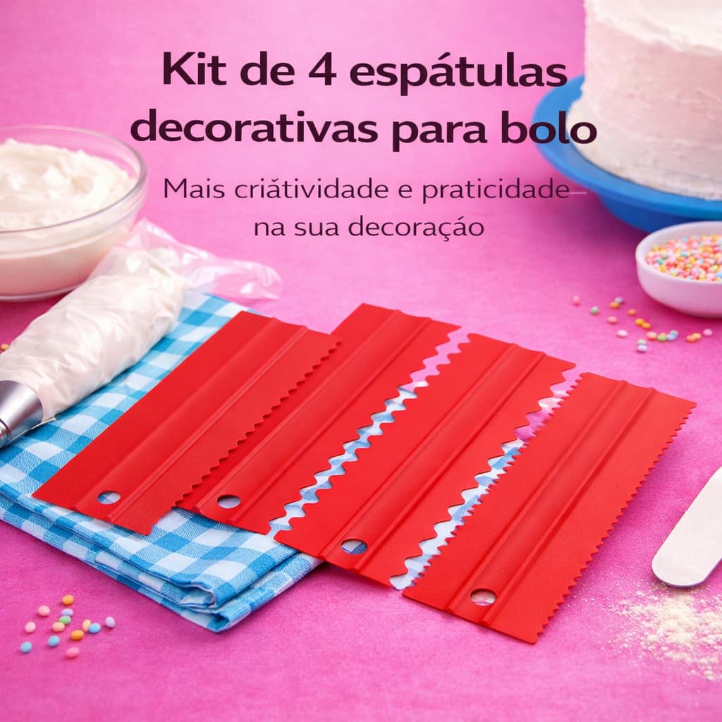 Kit 4 Espátulas Grandes Alisadoras Para Bolo Confeitaria 8 Modelos de Decoração - PREMIUM