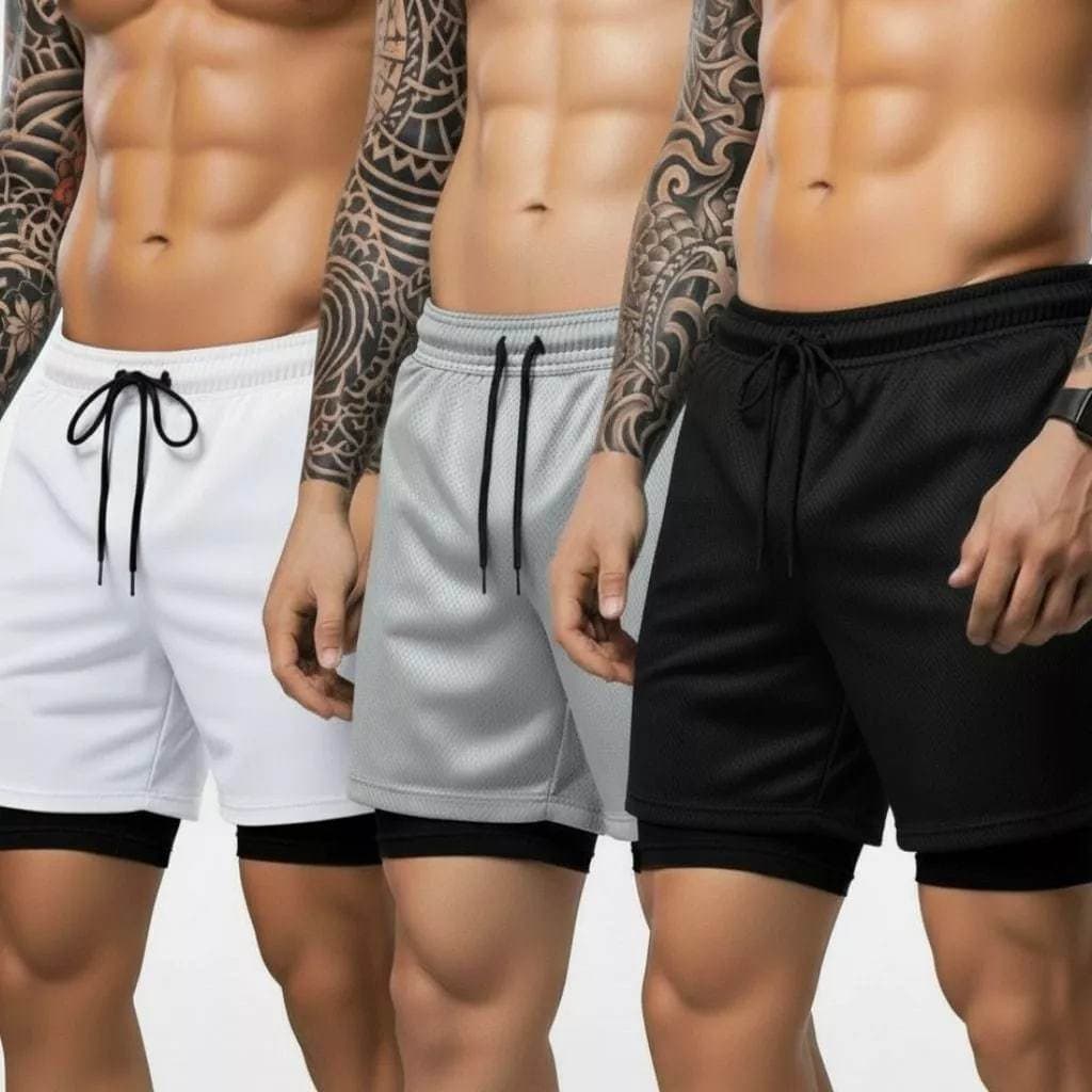 Kit  Shorts Fitness Masculino 2 em 1 Dry Fit Academia Treino Corrida Bolso