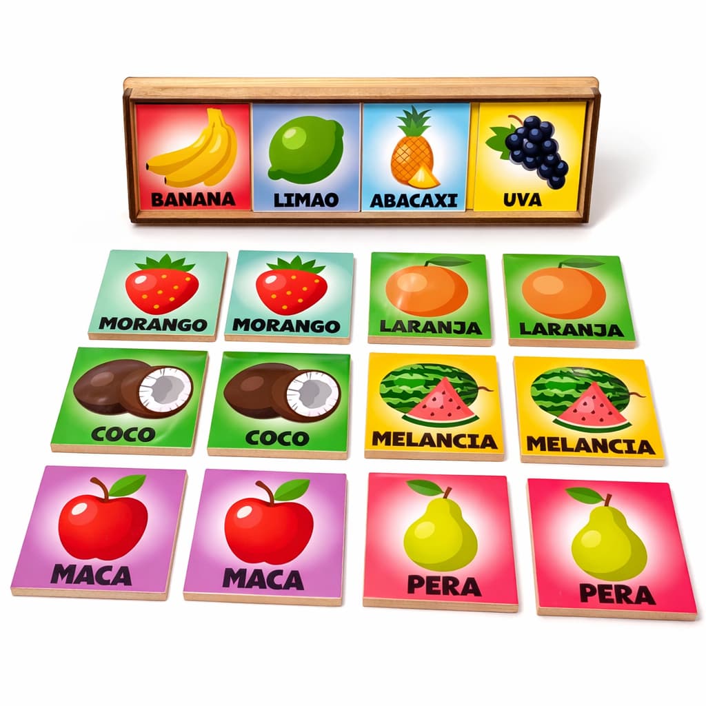 Jogo Da Memória Animais 10 Peças Madeira e Frutas Brinquedo Pedagógico Pedagógico Infantil Alfabetização