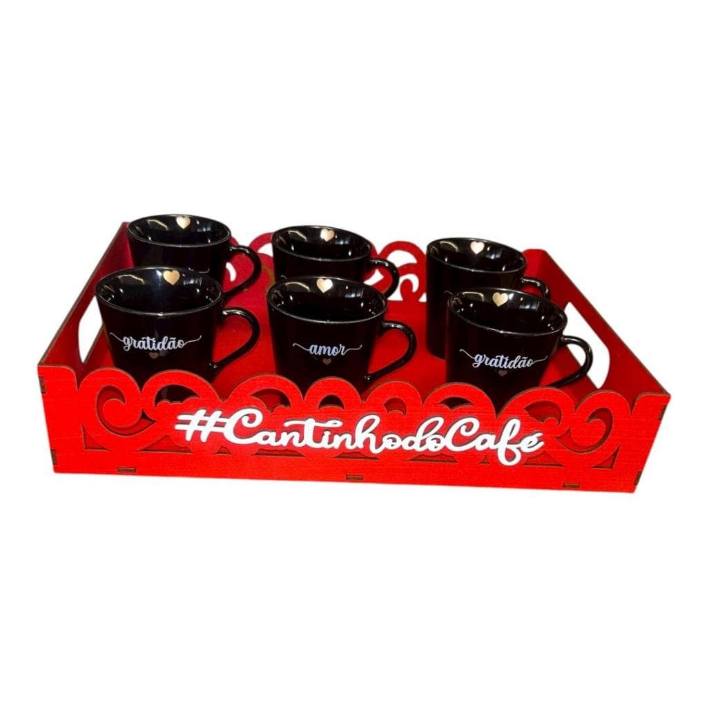Bandeja Vermelha 6 Xícaras Preta De Porcelana 140 ml Café Chá