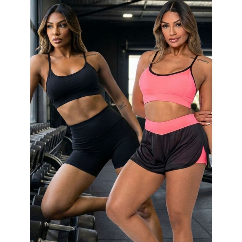 Kit 2 Conjuntos Virginia para Academia Feminino Top + Short Duplo Fitness Alta Sustentação Musculação Treino