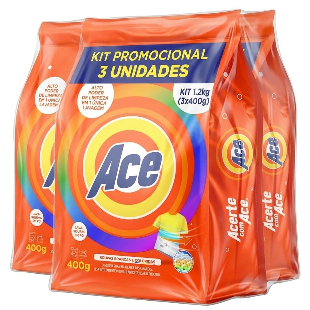 Sabão em Pó Ace 400g Kit 3 Unidades Tira Manchas Detergente Lava Roupas brancas e coloridas