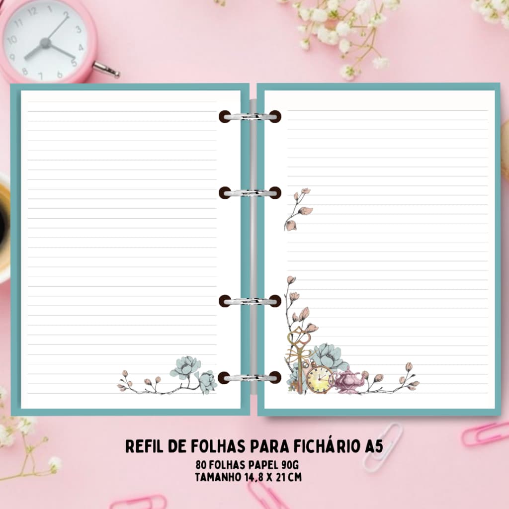 REFIL DE FOLHAS PARA FICHÁRIO - TEMA: ALICE NO PAÍS DAS MARAVILHAS (A5 E COLEGIAL)
