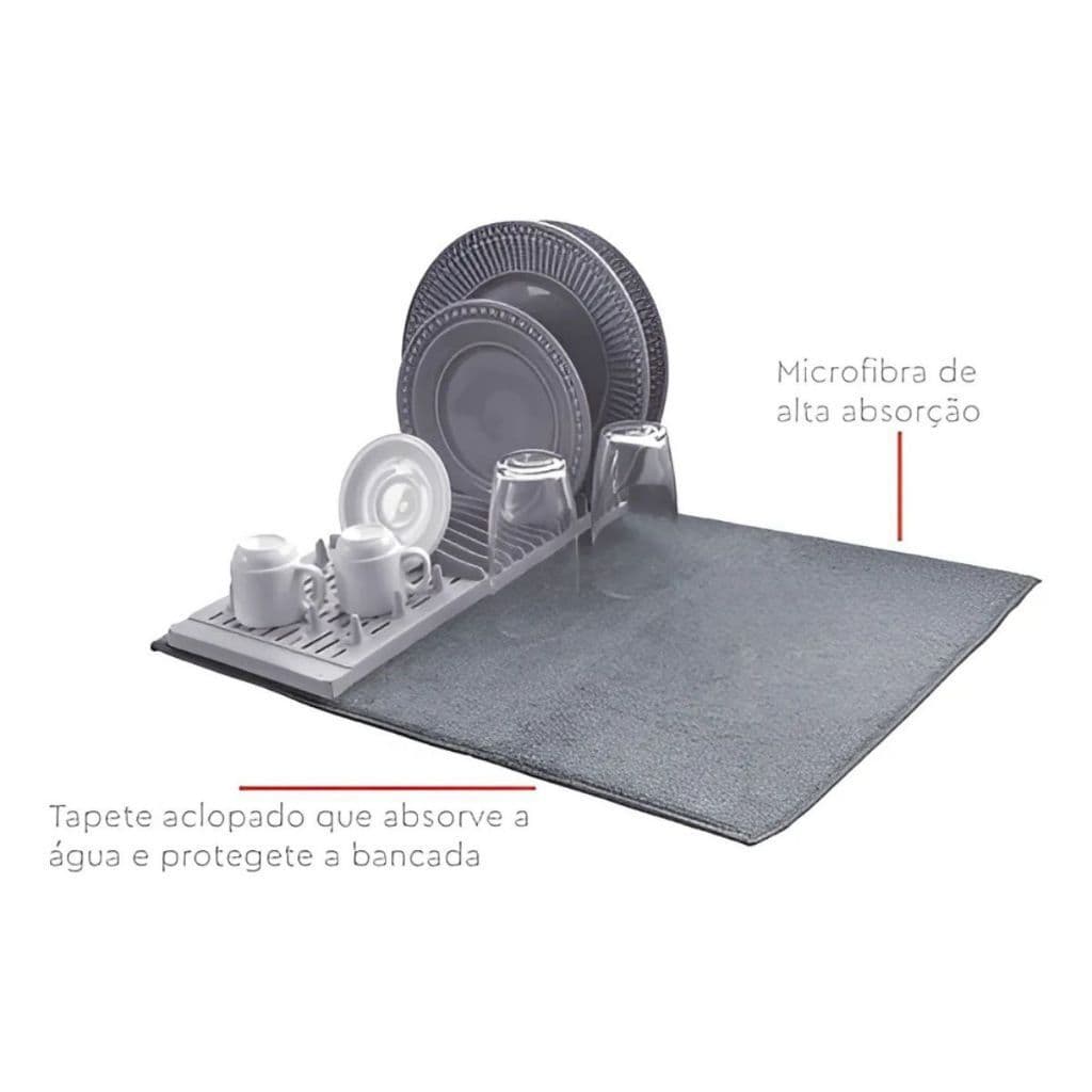 Escorredor De Louças 12 Pratos Com Tapete Absorvente Antiderrapante De Microfibra Multifuncional