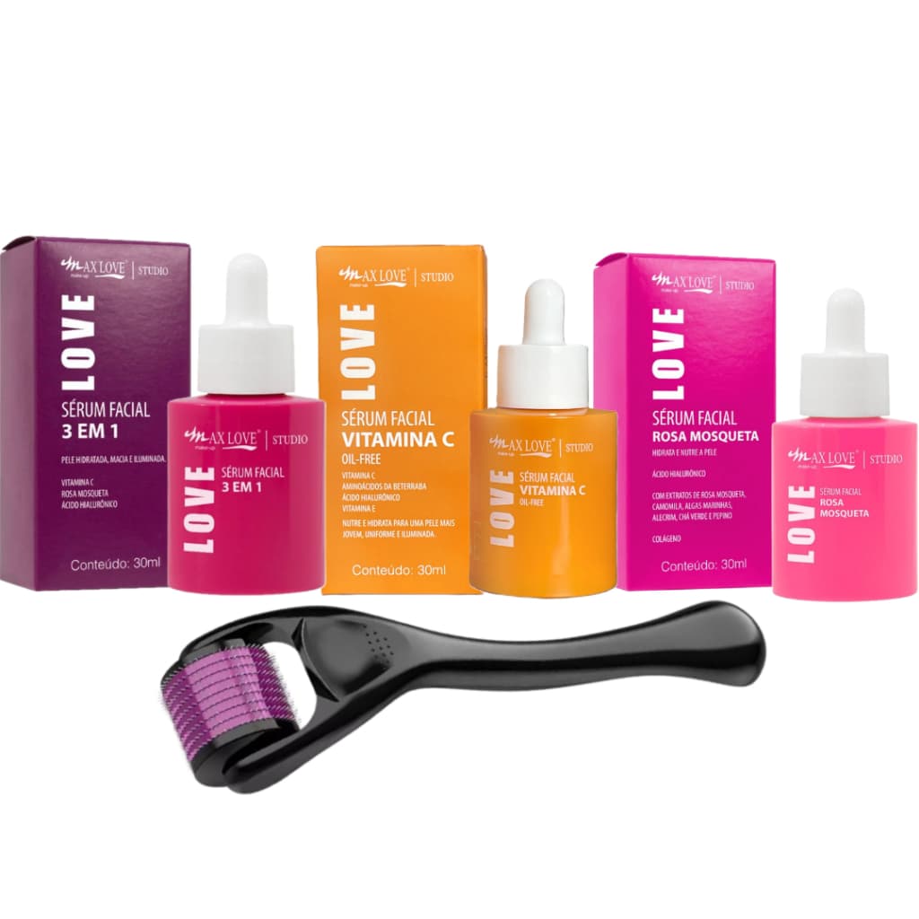 Kit Skin Care Microagulhamento Facial Clareador Regenerador Dermaroller + Vitamina C + Rosa Mosqueta + Sérum 3 em 1