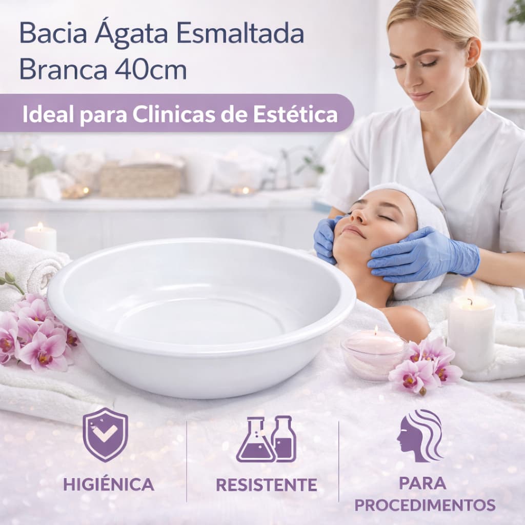 Bacia Ágata Branca Esmaltada 40cm 5L Clínica Estética Higiene Profissional Resistente Fácil Limpeza Durável