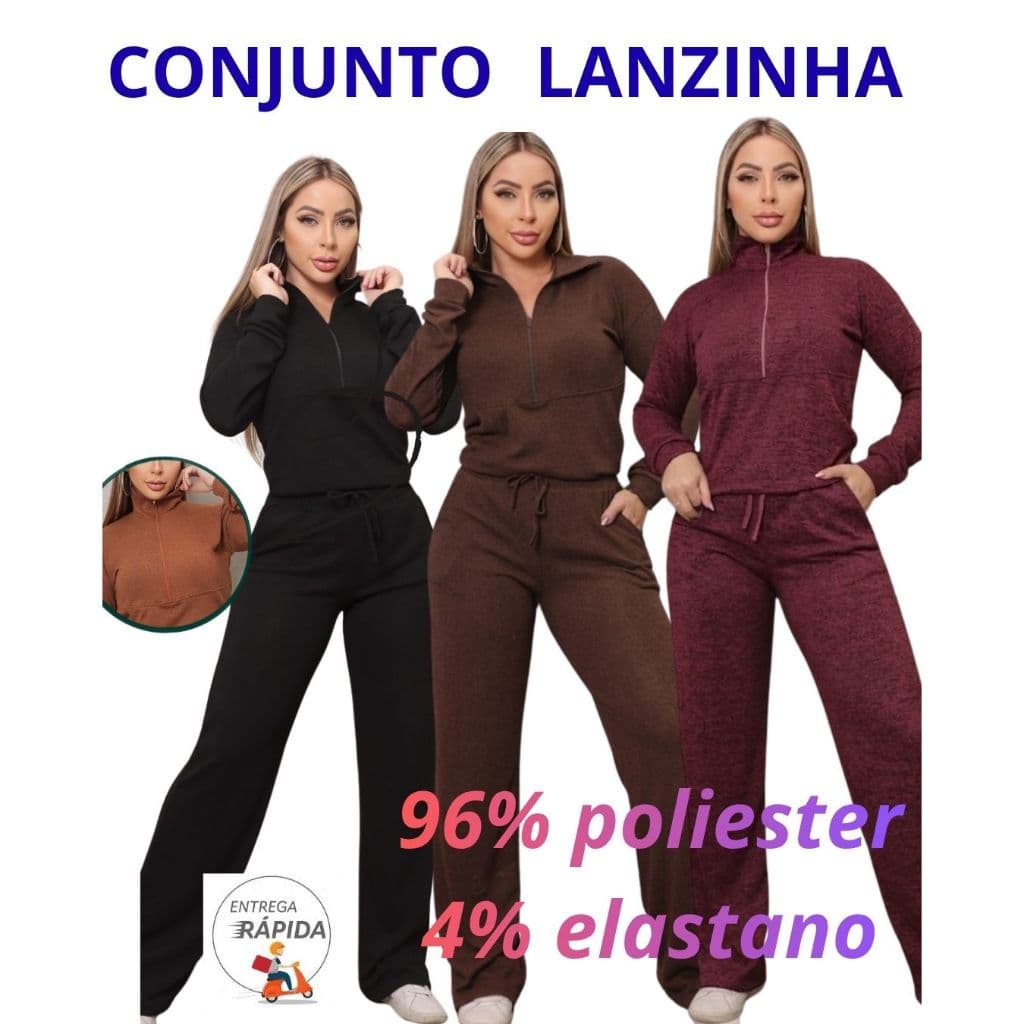 Conjunto Feminino Lanzinha  Inverno  2 Peças Calça Pantalona e Blusa com zíper na frente