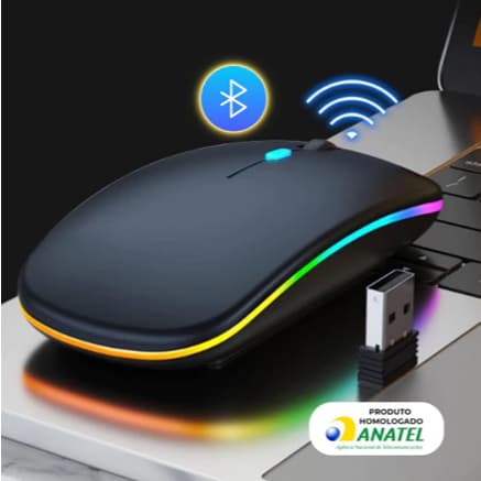 Mouse Sem Fio Recarregável Preto Bluetooth 5.2 + 2.4GHz Led Rgb Silencioso Gamer Office