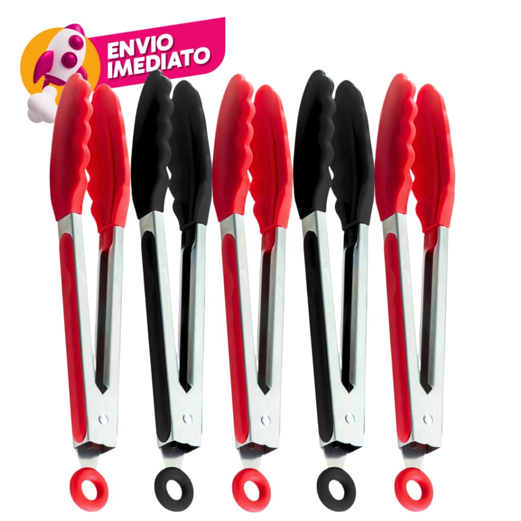 Kit Pegador Pinça Culinaria Salada 27Cm Inox E Silicone Com Pé Apoio Carne Massa Cozinha Restaurante
