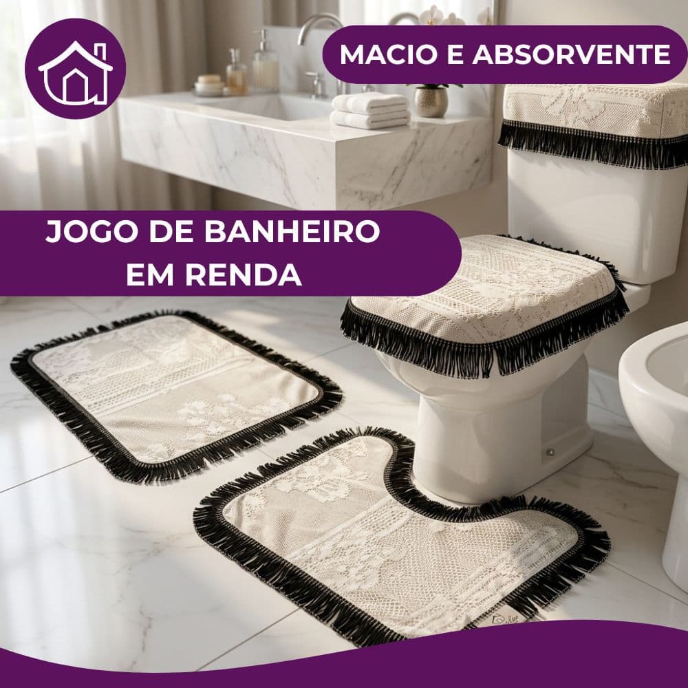Jogo de Banheiro Renda Premium - Kit Completo 3 Peças