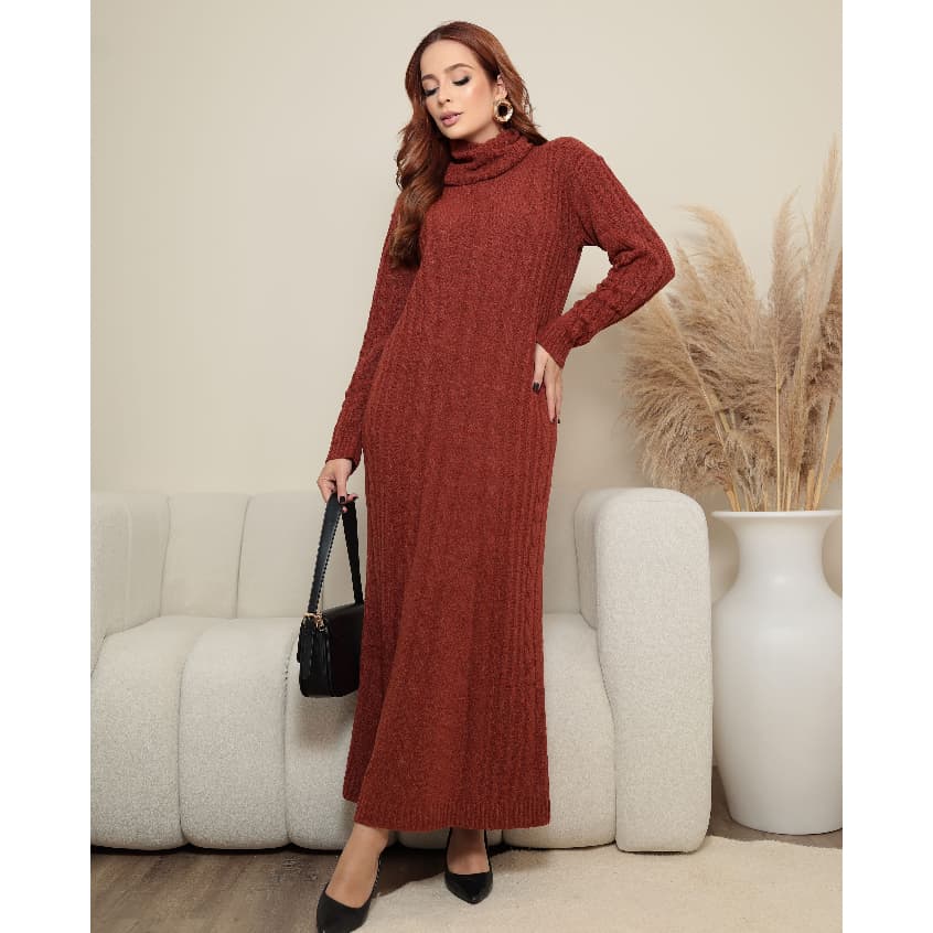 Vestido Longo De Tricot Mousse Gola Alta Sofisticado e Elegante Trançado Luxo