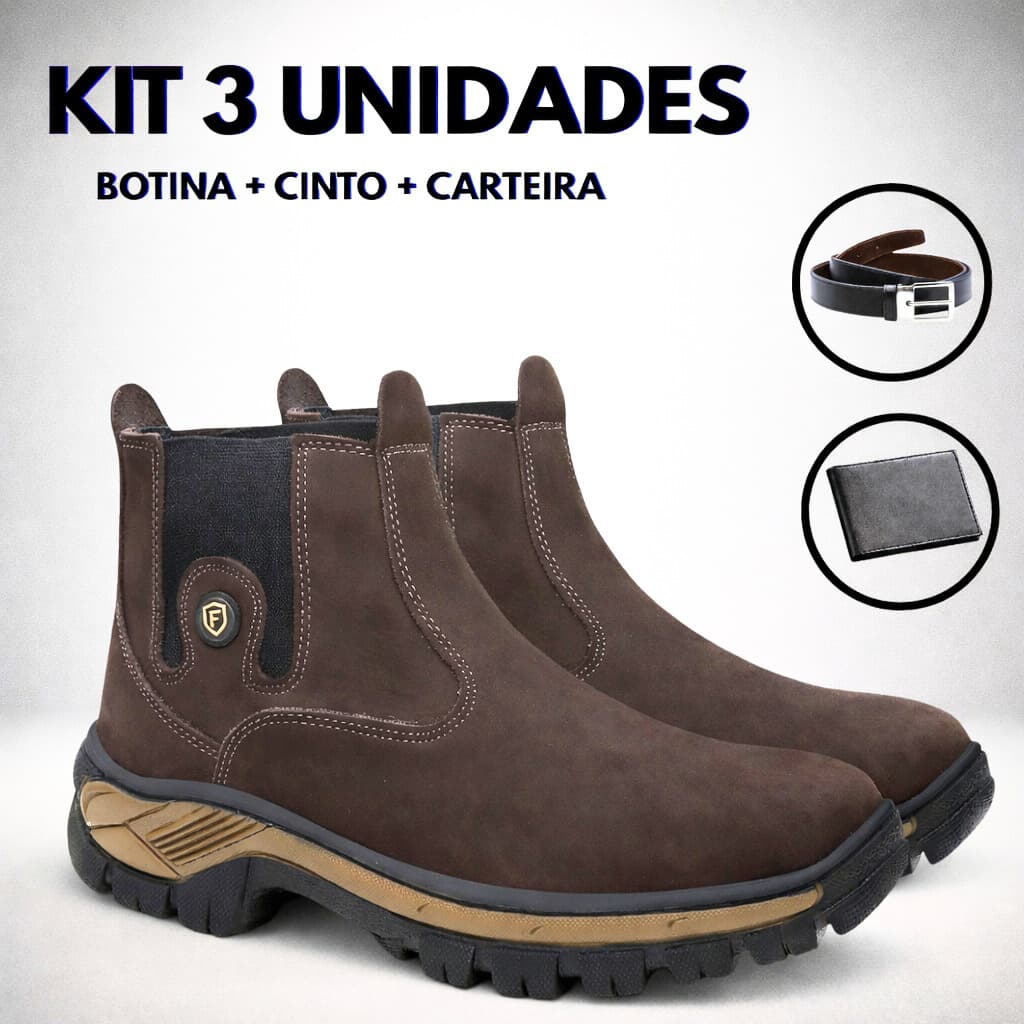 Kit Botina Masculina Couro Impermeavel Palmilha Gel Workboot + Carteira e Cinto