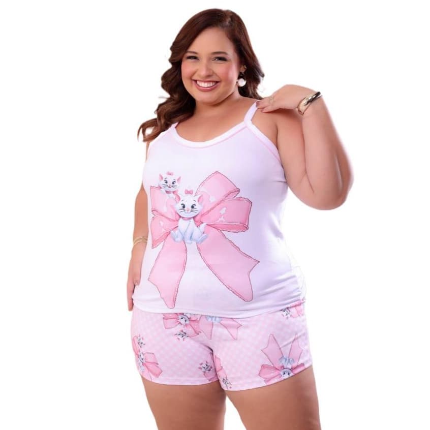 Pijama Feminino Plus Size Alça Manga Curta Estampada Short Personagem Divertido
