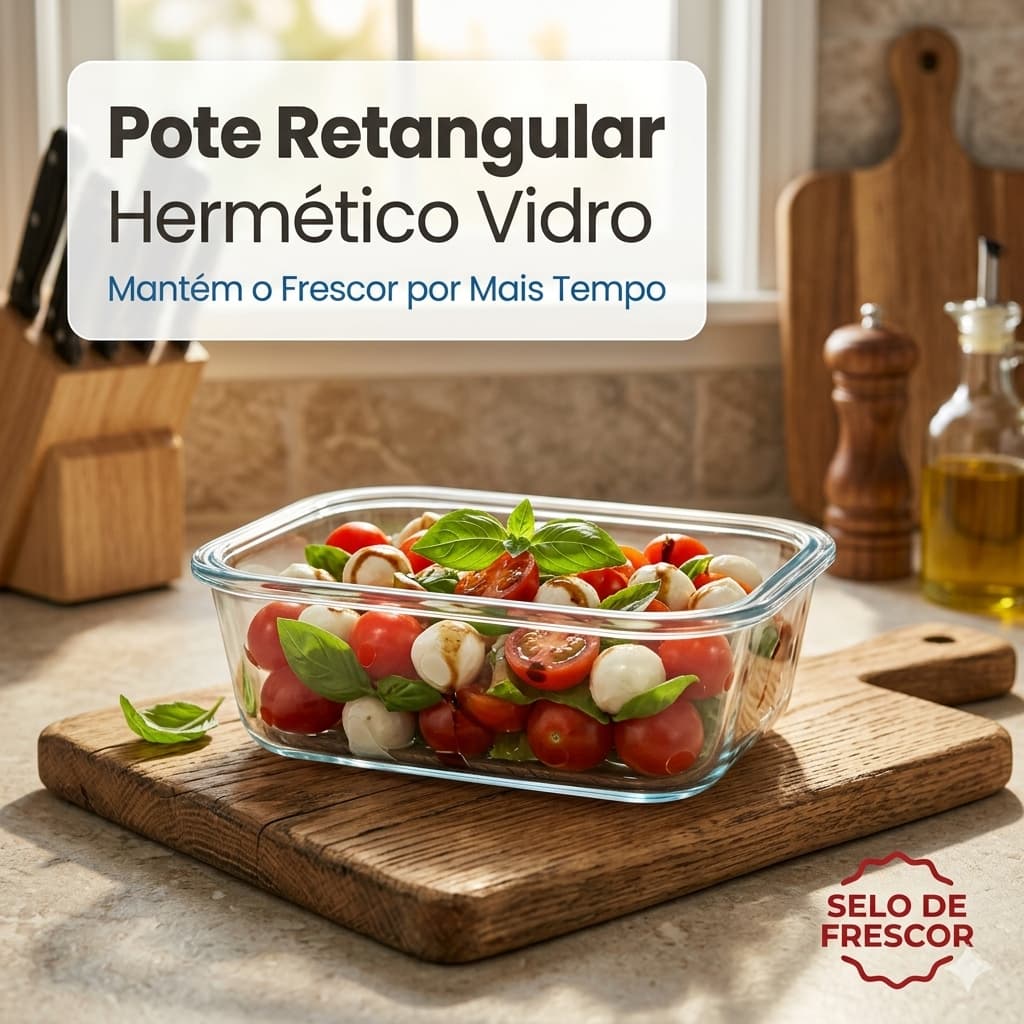 Pote Retangular Hermético Vidro 370ml - Marmita 4 travas - Resistência e praticidade