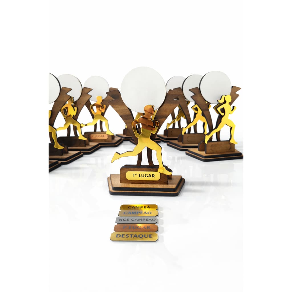 Kit 10 Troféus Corrida 21 CM Estrutura em MDF e Acrílico Eventos Institucionais Masculino e Feminino
