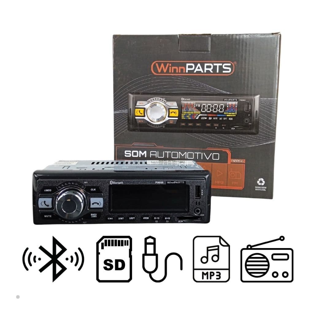 Rádio Automotivo Bluetooth FM MP3 USB SD AUX WinnPARTS PI0066 Display LED Âmbar 25W