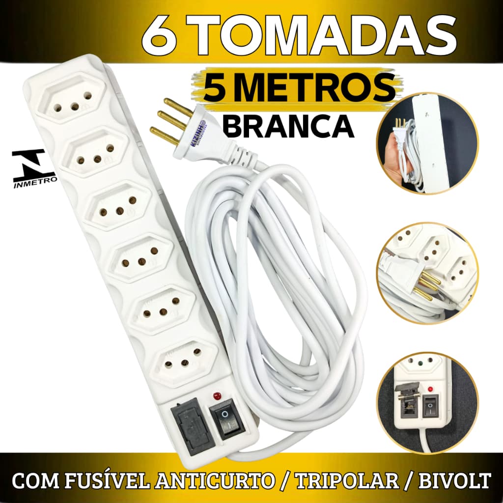 Filtro de Linha Régua Elétrica 6 Tomadas Tripolar 10A Bivolt Régua + Cabo 5 Metros Interruptor Liga/Desliga Fusível 3A