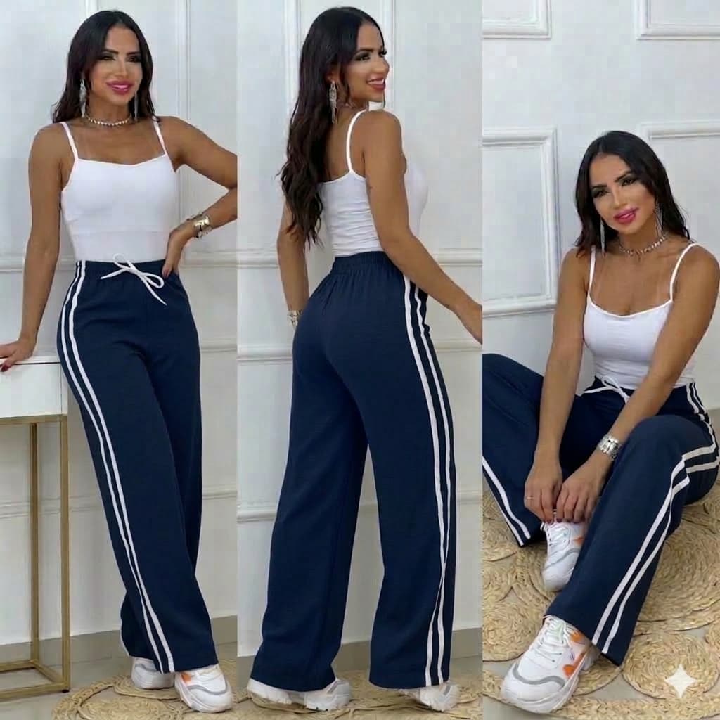 Calça Pantalona Feminina com Listras Lateral em Sensorial Marrante com Elástico na Cintura Tendencia