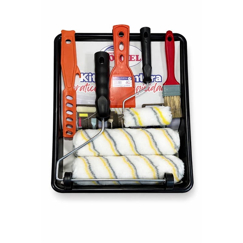 Kit Pintura Profissional 8 Peças Compel Sem Respingo 2 Rolos 23cm + rolo 9cm + pincel + Espátula + Mexedor + suporte