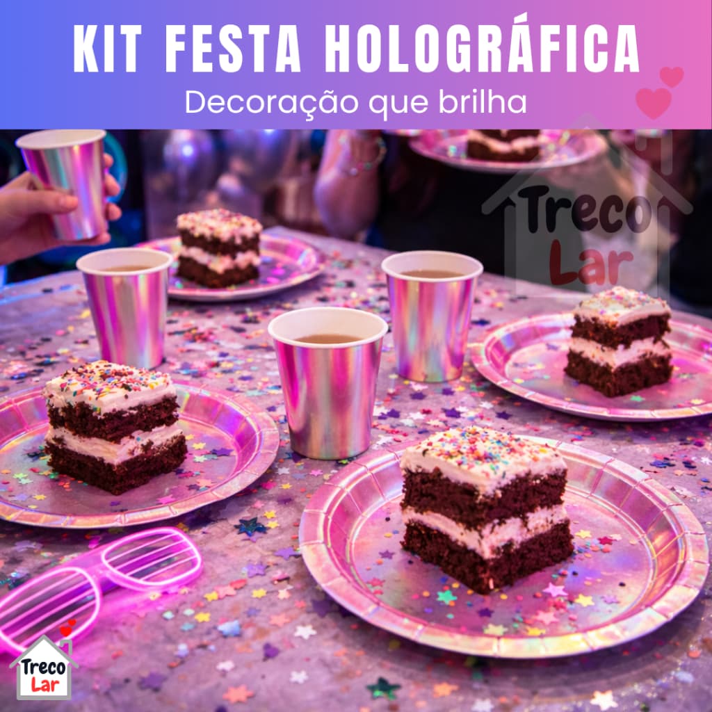 Kit 20 Itens Festa Furta-Cor Holográfico - Pratos Copos Descartável Metalizado Decoração Aniversário